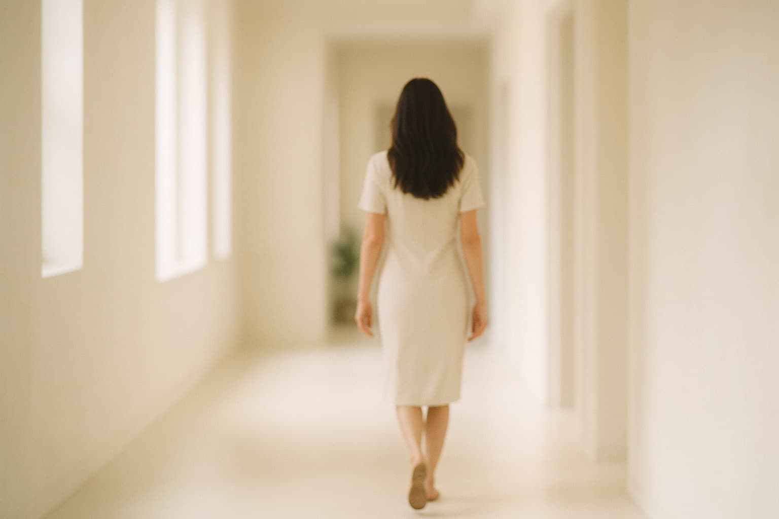 A client walking down a bright, quiet clinic corridor