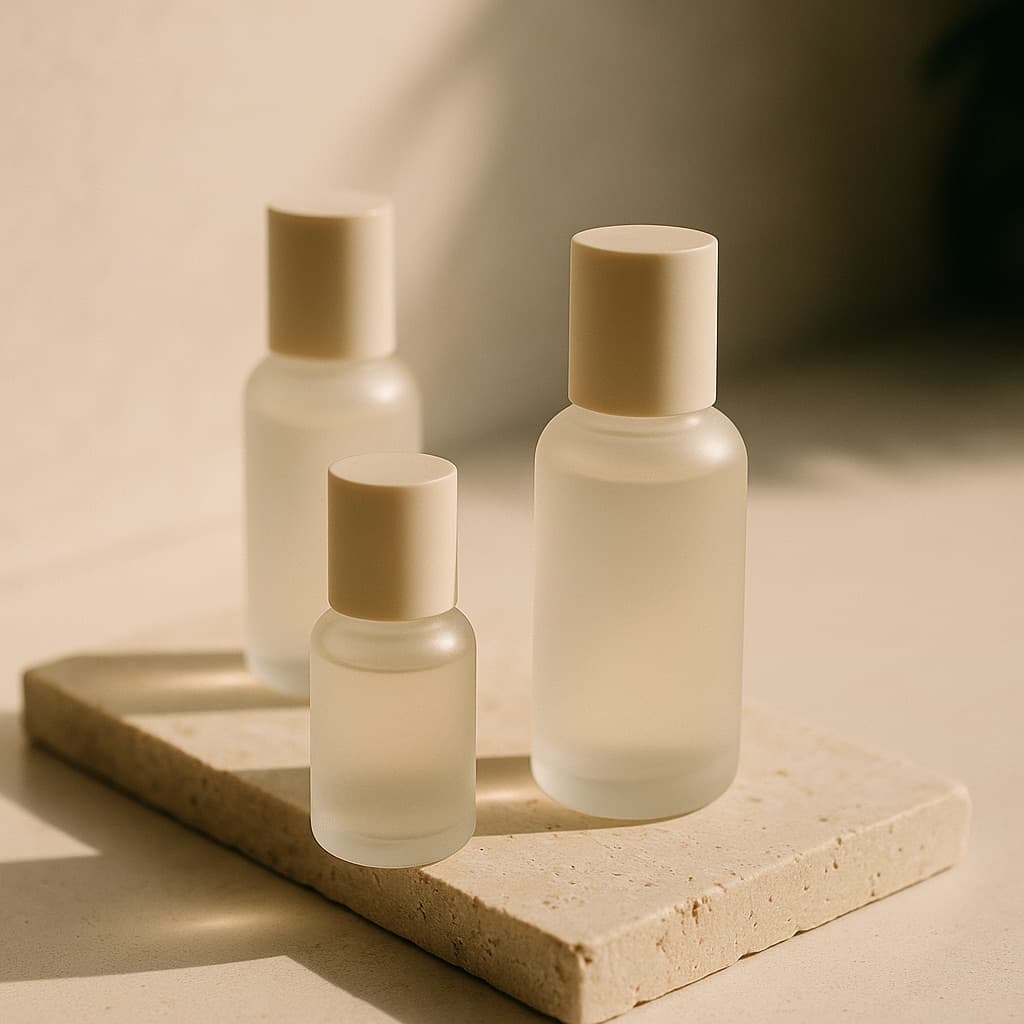 Unbranded skincare bottles arranged on a travertine slab in daylight
