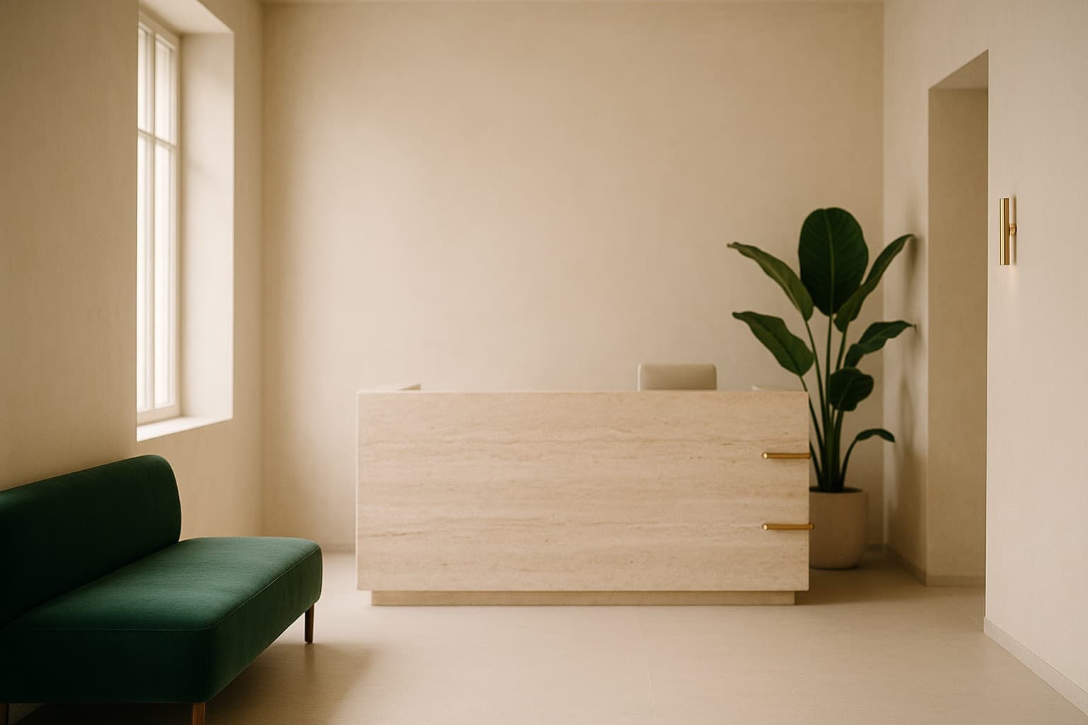 The clinic reception: a travertine desk, a green bench and a plant in daylight