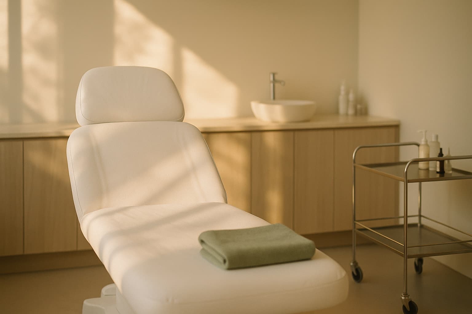 A treatment room with a reclined couch, folded towel and instrument trolley in afternoon light