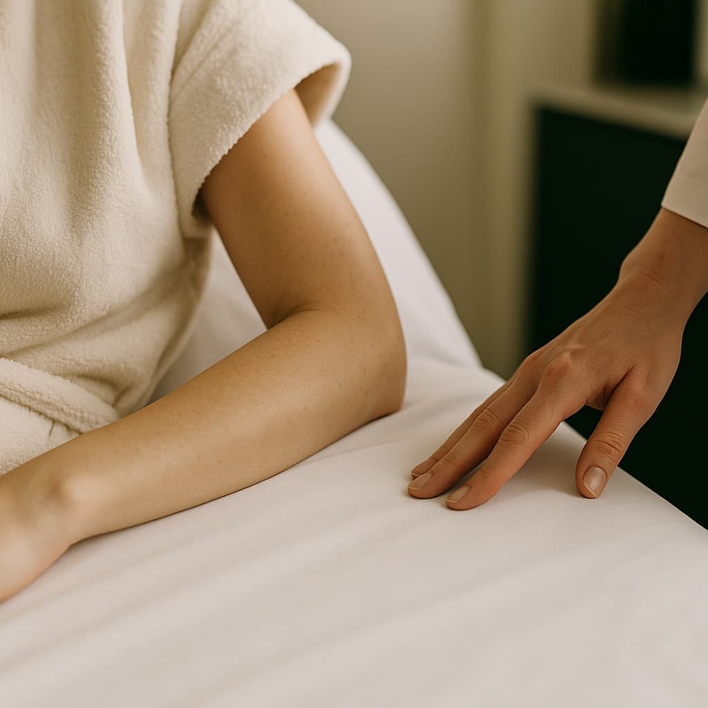 A body treatment room prepared with warmed towels and a contouring handpiece